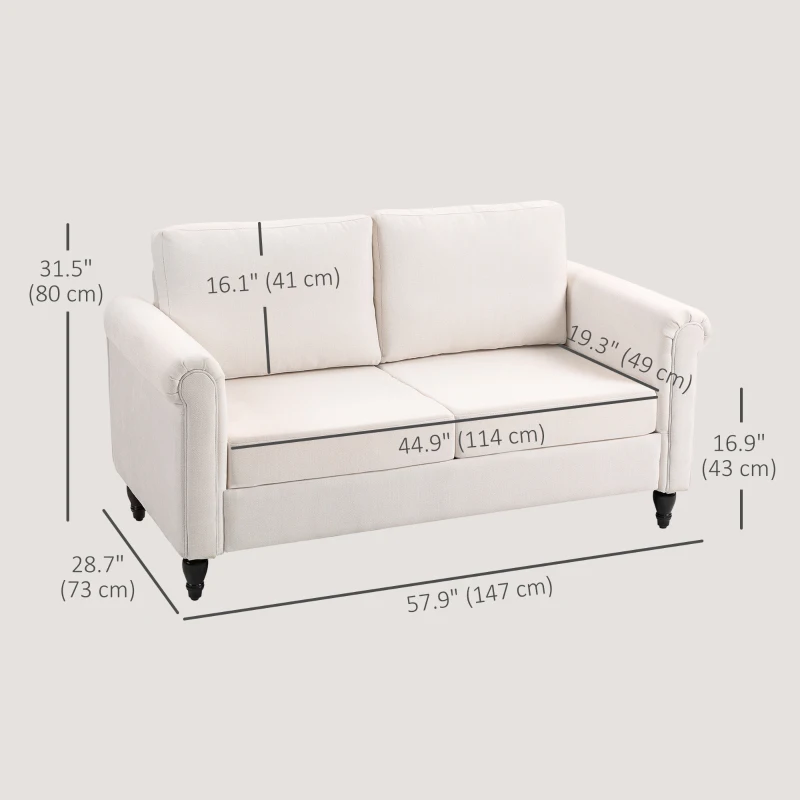 HOMCOM Vintage Loveseat, Upholstered Love Seat Furniture, Chenille-feel Fabric 2 Seater Sofa Couch with Rolled Arms, Gourd-Shaped Rubber Wood Legs for Living Room, Cream White