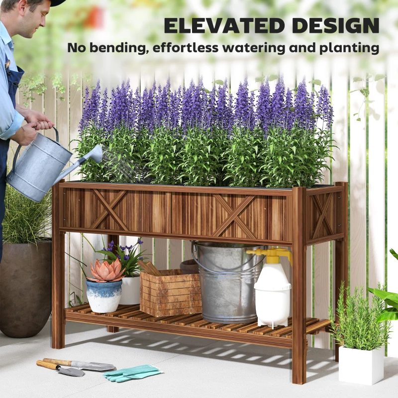 Outsunny Raised Garden Bed, 47 x 22 x 31.5 in Elevated Wood Planter Box with Storage Shelf, Drainage Holes and Liner, Carbonized