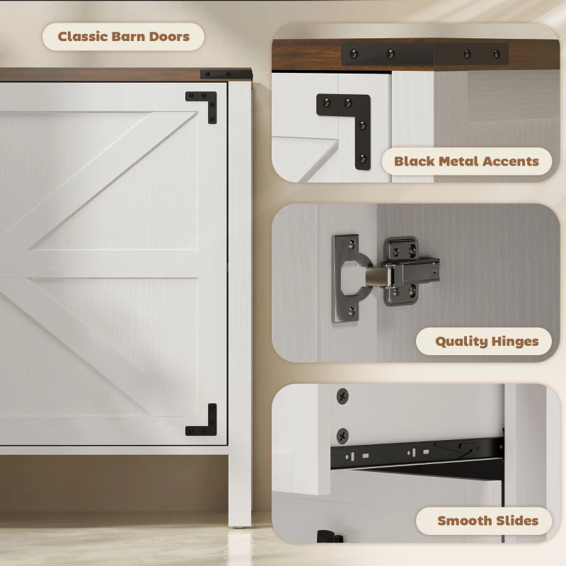 HOMCOM 59" Buffet Cabinet, Farmhouse Sideboard with Thick Top, 2 Barn Doors, 4 Drawers and 2 Adjustable Shelves, White
