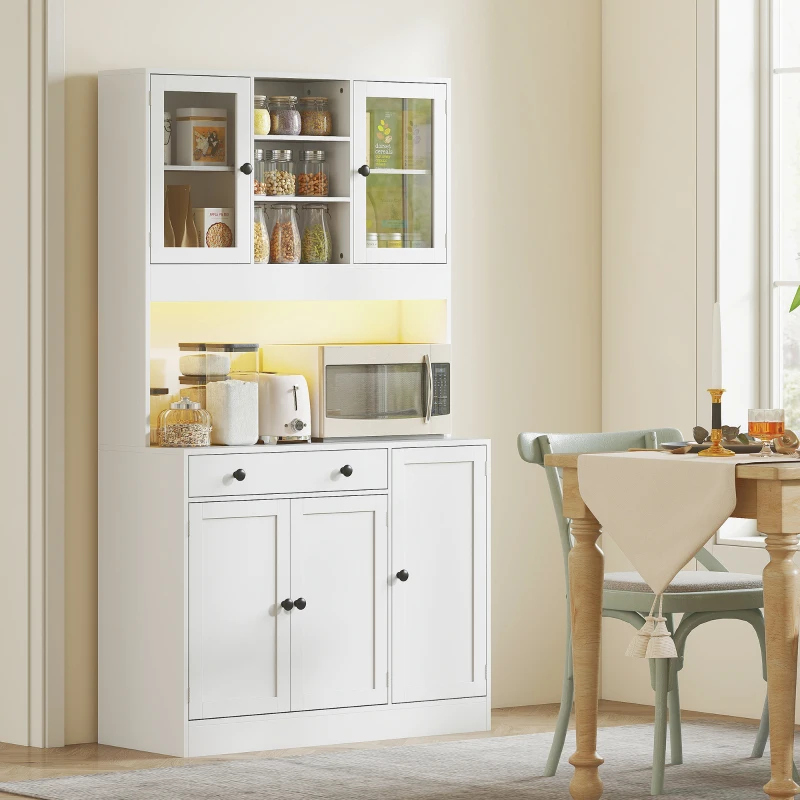 HOMCOM Tall Kitchen Pantry with LED Light, Freestanding Storage Cabinet with Hutch, Shelves, Drawer, Doors, White
