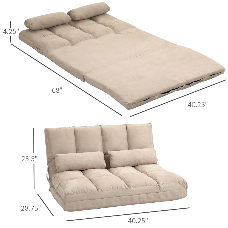 HOMCOM Convertible Floor Sofa Chair, Folding Couch Bed, Guest Chaise Lounge with 2 Pillows, Adjustable Backrest and Headrest, 40.25" L, Beige