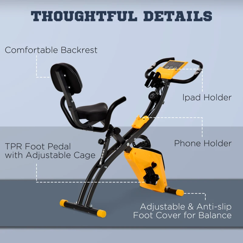 Soozier 3 in 1 Folding Exercise Bike, Foldable Stationary Bike with 8-Level Magnetic Resistance, Adjustable Seat, Yellow