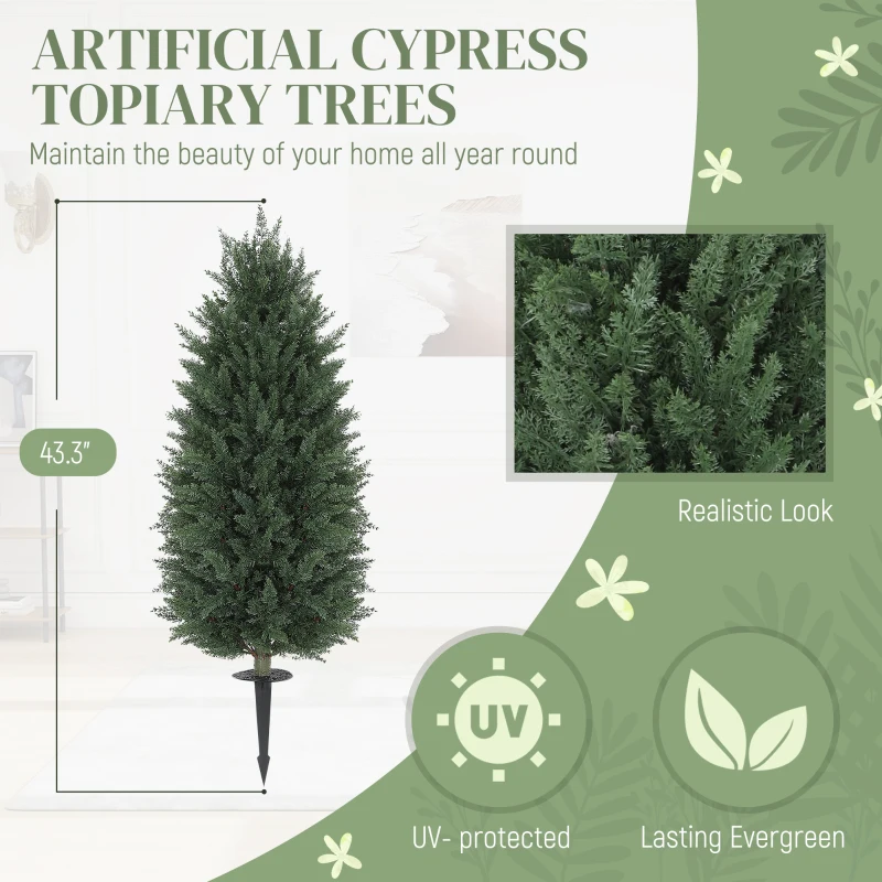 HOMCOM 43.3 Inch Set of 2 Artificial Cypress Topiary Tree, Indoor Outdoor UV Resistant Faux Plants with Ground Stake for Garden