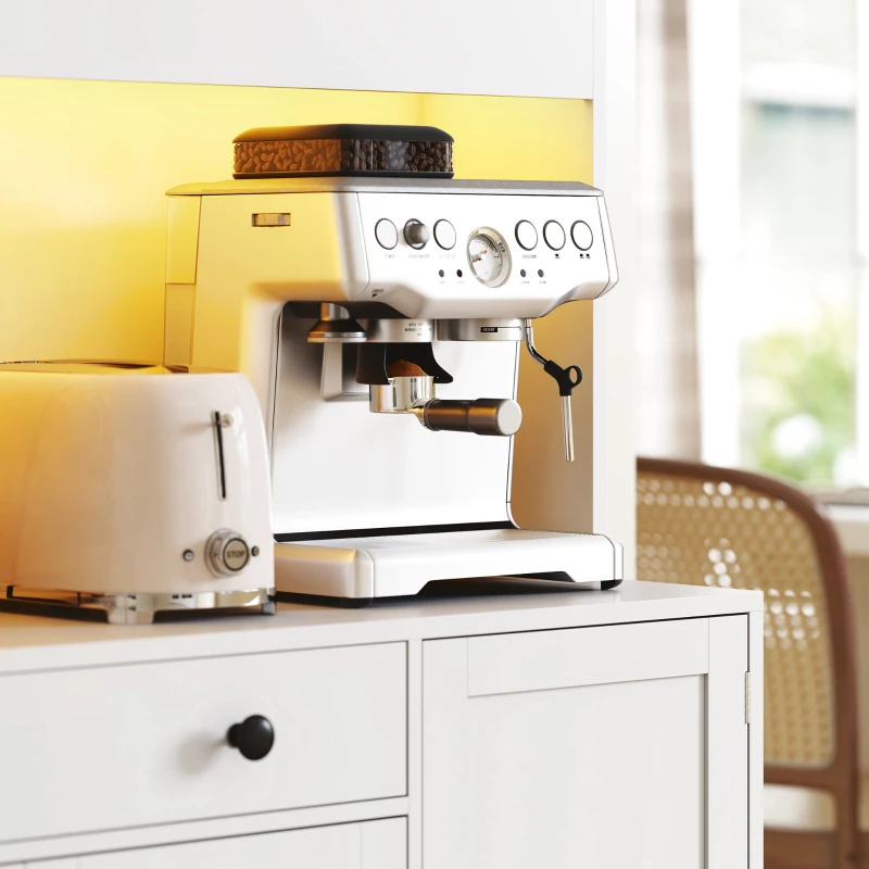 HOMCOM Tall Kitchen Pantry with LED Light, Freestanding Storage Cabinet with Hutch, Shelves, Drawer, Doors, White