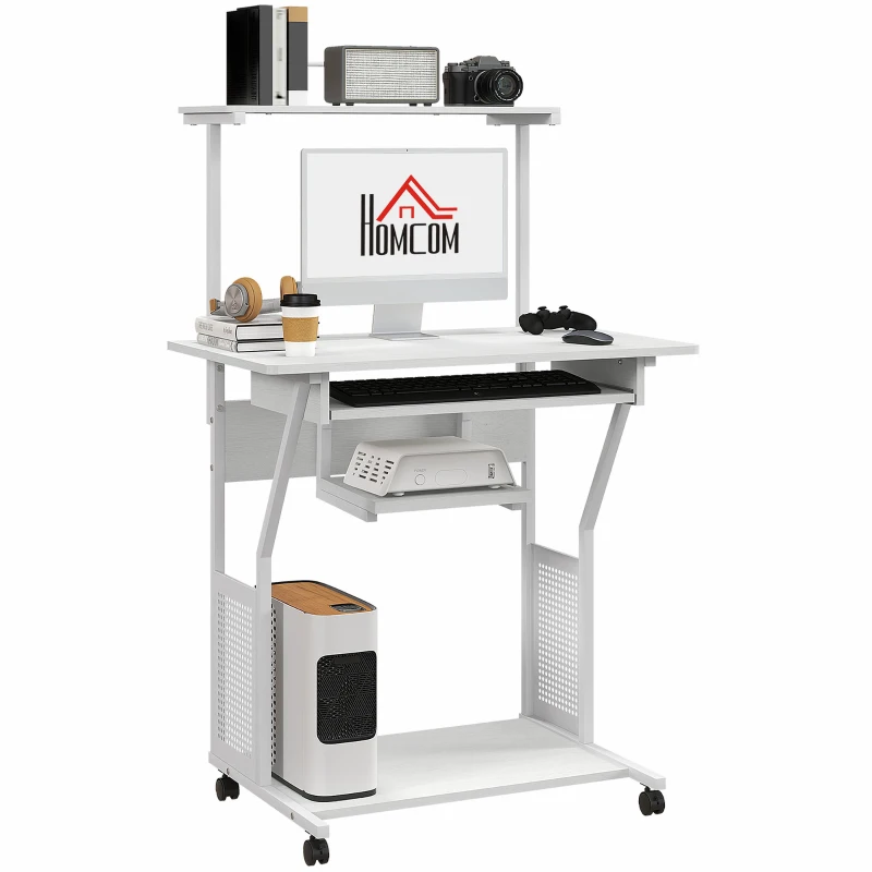 HOMCOM 32" Mobile Computer Table, Rolling Study Desk for Home Office with Keyboard Tray, Storage Shelves, Wheels, White