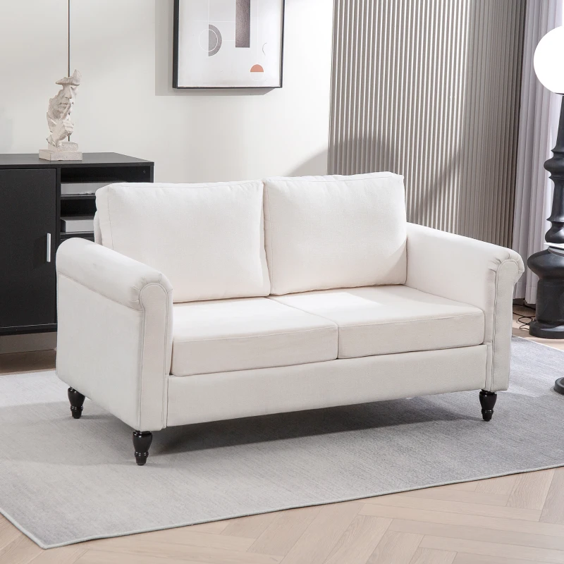 HOMCOM Vintage Loveseat, Upholstered Love Seat Furniture, Chenille-feel Fabric 2 Seater Sofa Couch with Rolled Arms, Gourd-Shaped Rubber Wood Legs for Living Room, Cream White
