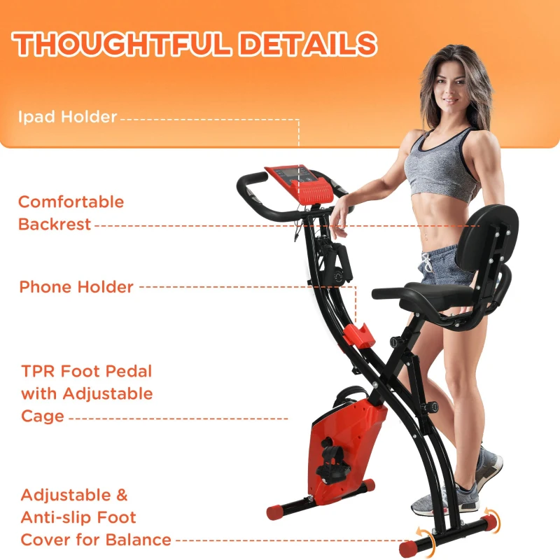Soozier 3 in 1 Folding Exercise Bike, Foldable Stationary Bike with 8-Level Magnetic Resistance, Adjustable Seat, Red