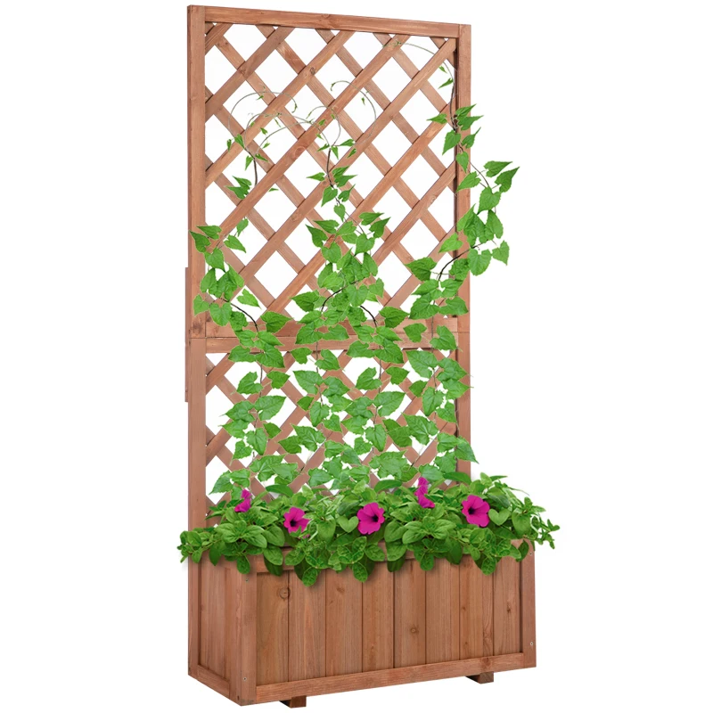 Outsunny 2.4 x 1 x 4.9 ft Garden Wooden Pine Trough Planter with Topped Trellis Climbing Plants Flower Raised Bed, Orange