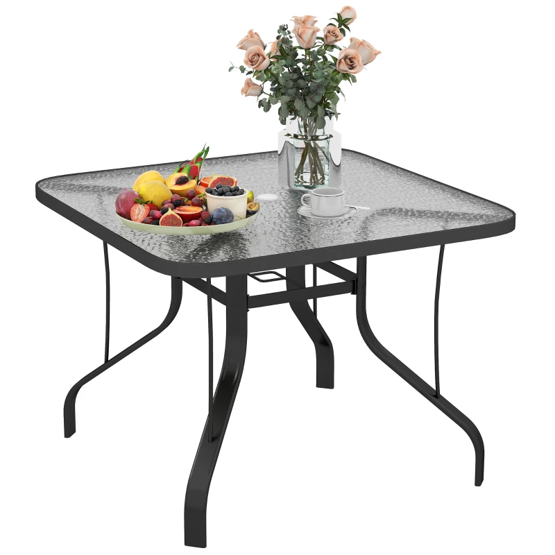 Outsunny Tempered Glass Square Patio Dining Table w/ 2.1" Umbrella Hole for Garden, Balcony, Backyard, 38" x 38" x 28"