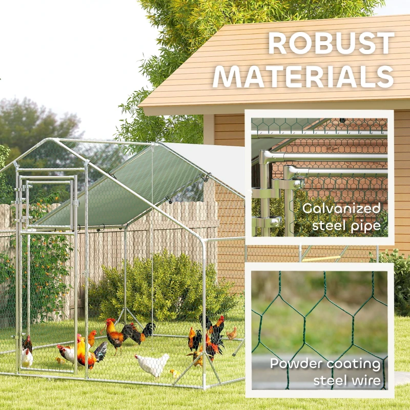 PawHut Large Metal Chicken Run with Waterproof & UV-Resistant Cover, Feeding Door, Hanging Feeder, Perch for 12-18 Chickens