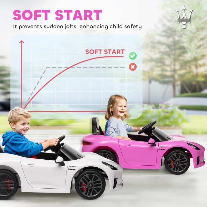Qaba Maserati Gran Turismo Licensed 12V Kids Electric Car w/ Remote Control, Soft Start, LED Lights, Music, Horn, Pink