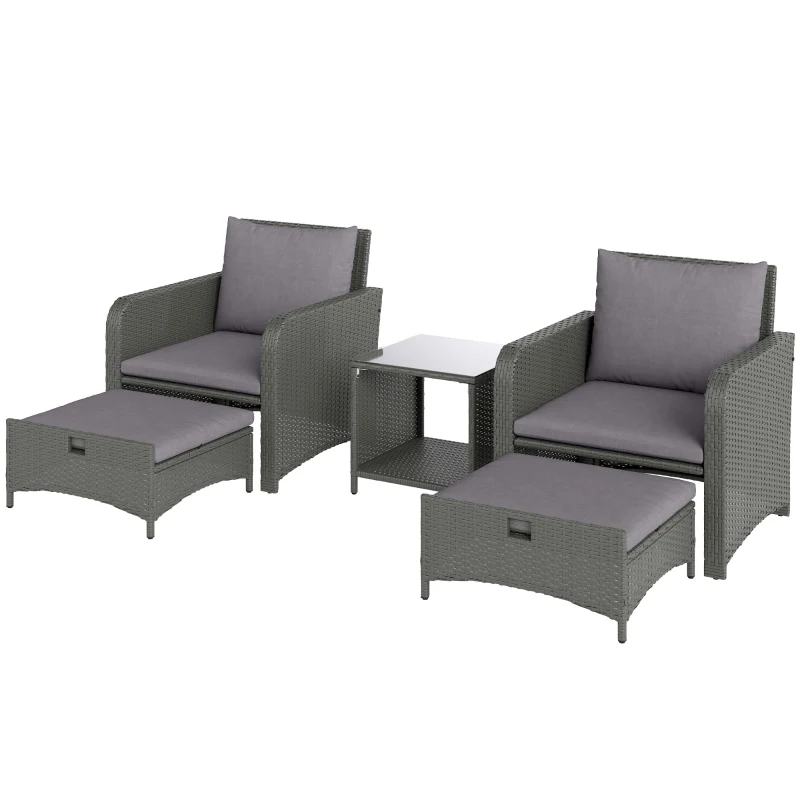 Outsunny 5 Piece Rattan Balcony Furniture Set, Wicker Outdoor Furniture Set with 2-Tier Coffee Table, Ottomans, Grey