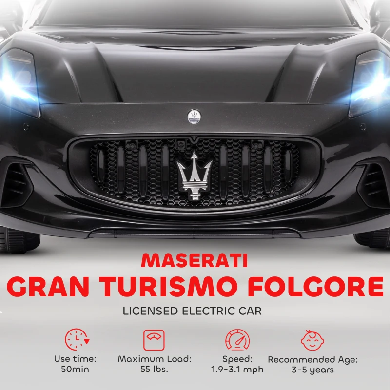 Qaba Maserati Gran Turismo Licensed 12V Kids Electric Car w/ Remote Control, Soft Start, LED Lights, Music, Horn, Black(m-4)