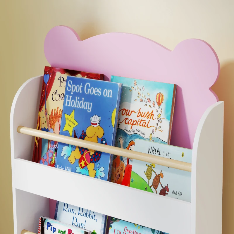 Qaba 3-Tier Bear Theme Kids Bookshelf with Anti-tipping Device for Living Room, Kids Room, Playroom, Pink