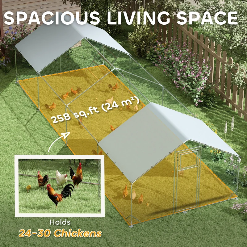 PawHut Large Metal Chicken Run with Waterproof & UV-Resistant Cover, Feeding Door, Hanging Feeder, Perch for 24-30 Chickens