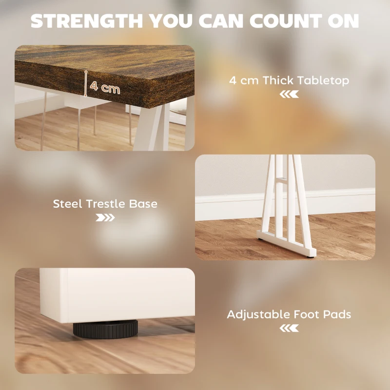 HOMCOM Farmhouse Kitchen Table for 8, Rectangular Dining Table with Thick Tabletop and Steel Trestle Legs, Brown and White