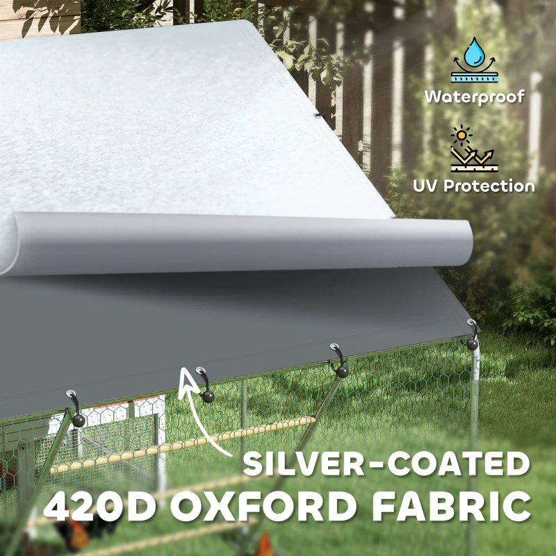 PawHut Large Metal Chicken Run with Waterproof & UV-Resistant Cover, Feeding Door, Hanging Feeder, Perch for 6-8 Chickens