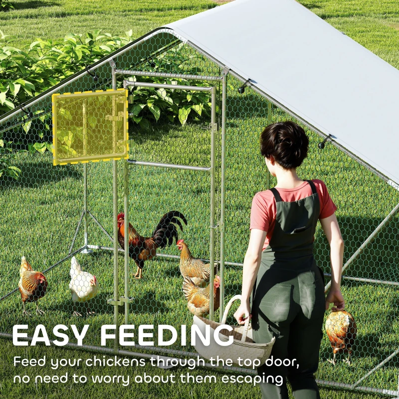PawHut Large Metal Chicken Run with Waterproof & UV-Resistant Cover, Feeding Door, Hanging Feeder, Perch for 6-8 Chickens