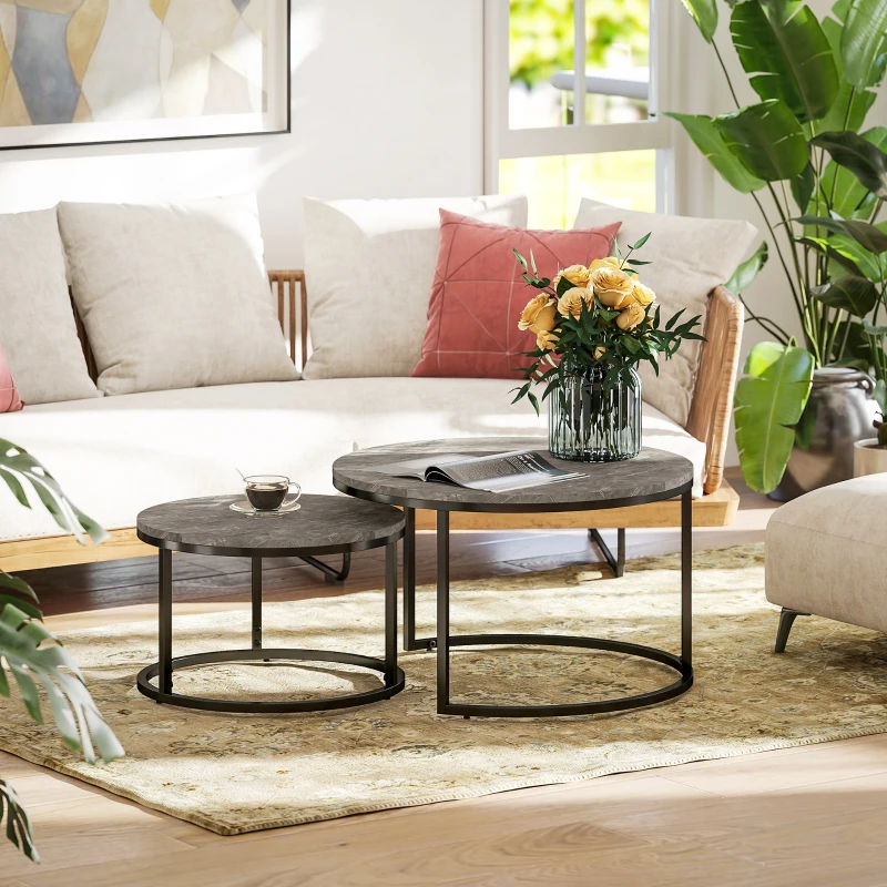 HOMCOM Modern Coffee Table Set of 2, Nesting Side Tables w/ Metal Base for Living Room Bedroom Office Faux Marbled Grey