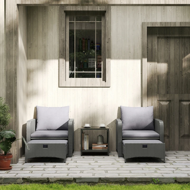 Outsunny 5 Piece Rattan Balcony Furniture Set, Wicker Outdoor Furniture Set with 2-Tier Coffee Table, Ottomans, Grey