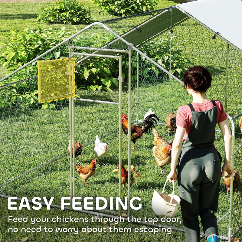 PawHut Large Metal Chicken Run with Waterproof & UV-Resistant Cover, Feeding Door, Hanging Feeder, Perch for 12-18 Chickens