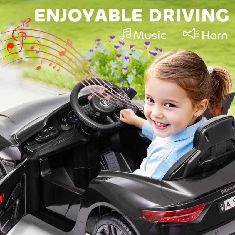 Qaba Maserati Gran Turismo Licensed 12V Kids Electric Car w/ Remote Control, Soft Start, LED Lights, Music, Horn, Black(m-7)