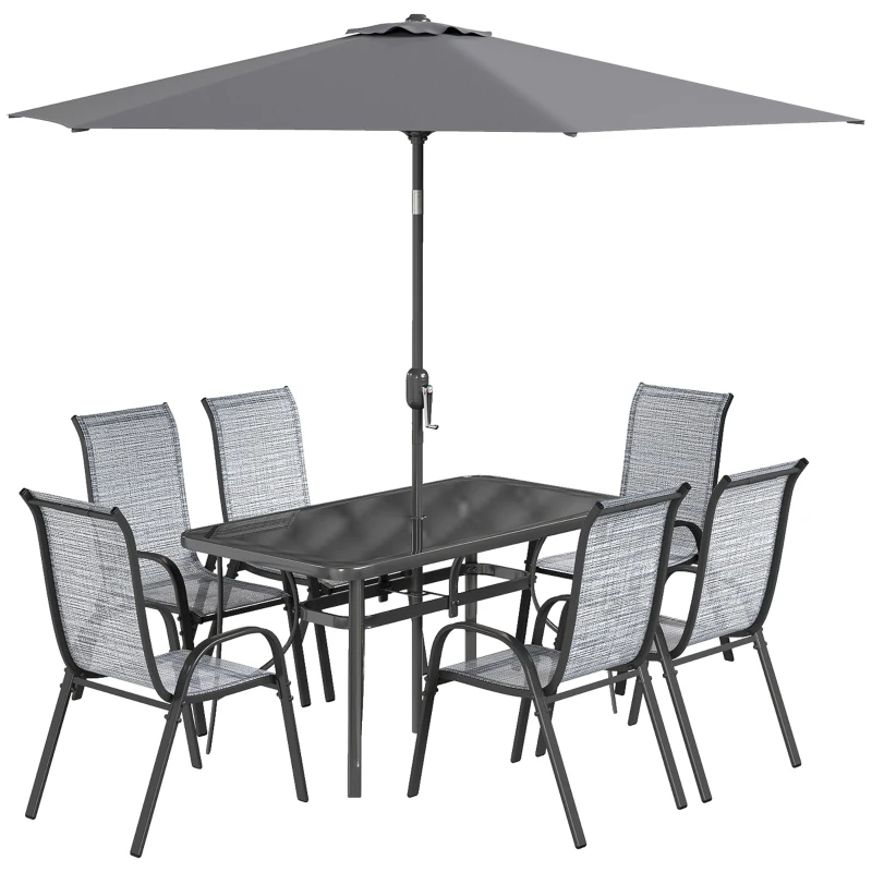 Outsunny 8 Pieces Patio Furniture Set with 9Ft Patio Umbrella, Outdoor Dining Table and Chairs, Mixed Gray