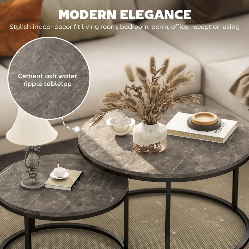 HOMCOM Modern Coffee Table Set of 2, Nesting Side Tables w/ Metal Base for Living Room Bedroom Office Faux Marbled Grey