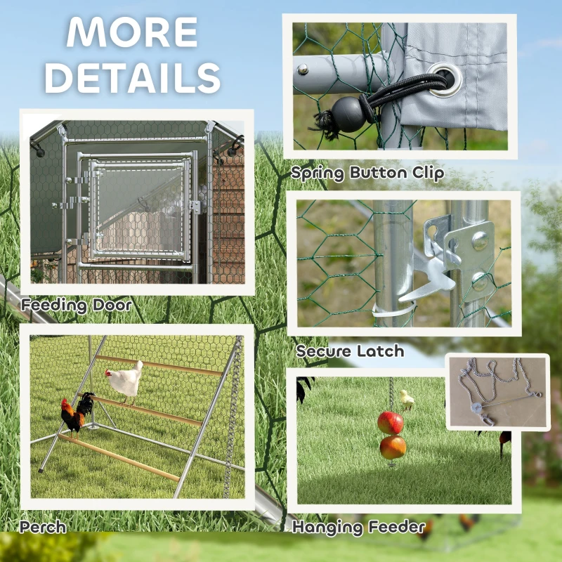 PawHut Large Metal Chicken Run with Waterproof & UV-Resistant Cover, Feeding Door, Hanging Feeder, Perch for 6-8 Chickens