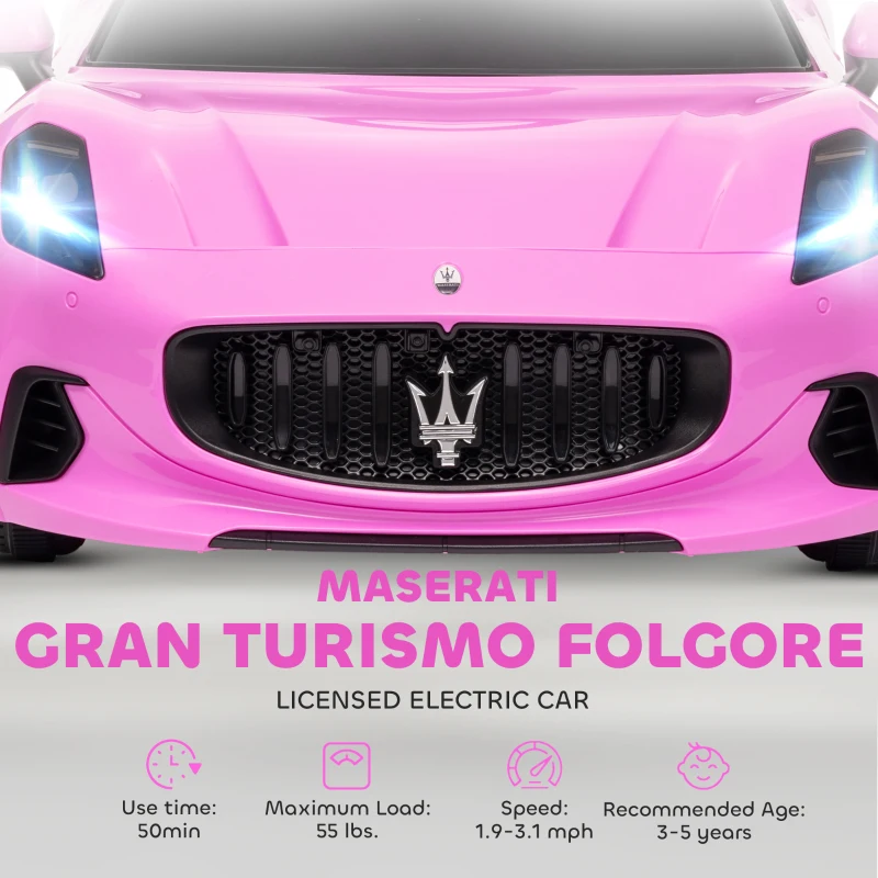 Qaba Maserati Gran Turismo Licensed 12V Kids Electric Car w/ Remote Control, Soft Start, LED Lights, Music, Horn, Pink