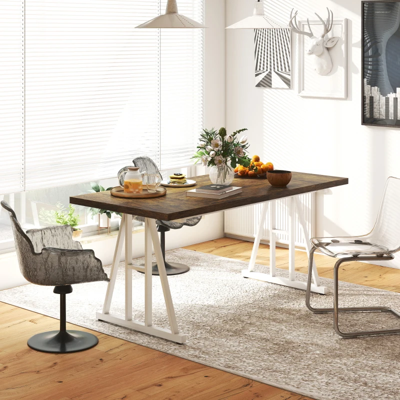 HOMCOM Farmhouse Kitchen Table for 8, Rectangular Dining Table with Thick Tabletop and Steel Trestle Legs, Brown and White