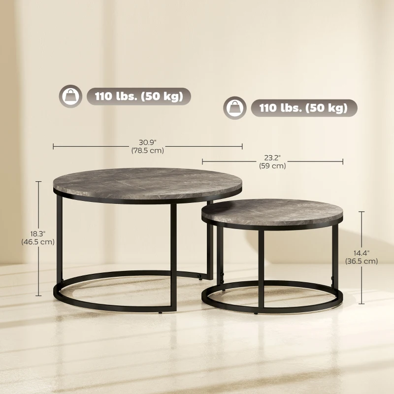 HOMCOM Modern Coffee Table Set of 2, Nesting Side Tables w/ Metal Base for Living Room Bedroom Office Faux Marbled Grey