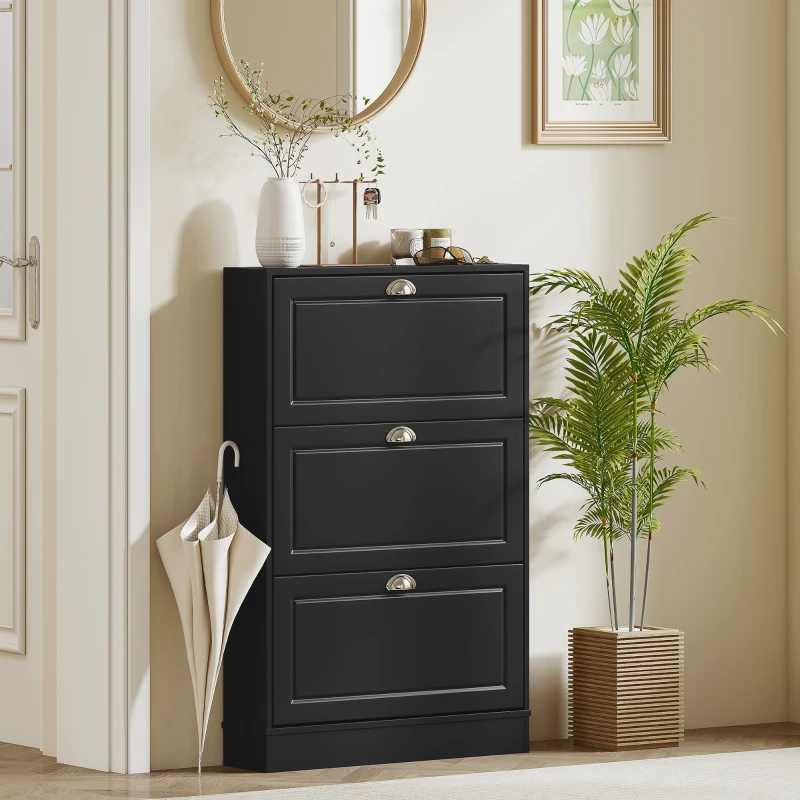 HOMCOM Shoe Cabinet with 3 Flip Drawers, Narrow Shoe Storage Cabinet, Holds 12 Pairs for Entryway, Hallway, Black