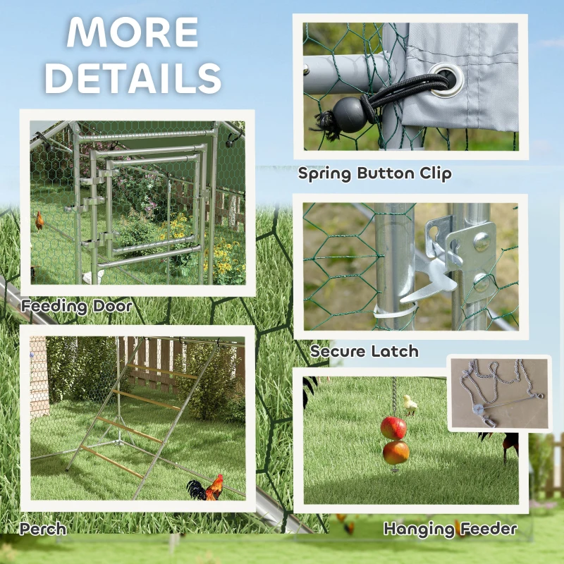 PawHut Large Metal Chicken Run with Waterproof & UV-Resistant Cover, Feeding Door, Hanging Feeder, Perch for 24-30 Chickens