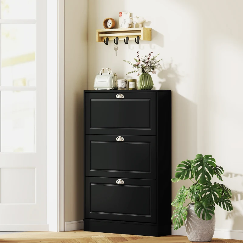 HOMCOM Shoe Cabinet with 3 Flip Drawers, Narrow Shoe Storage Cabinet, Holds 12 Pairs for Entryway, Hallway, Black