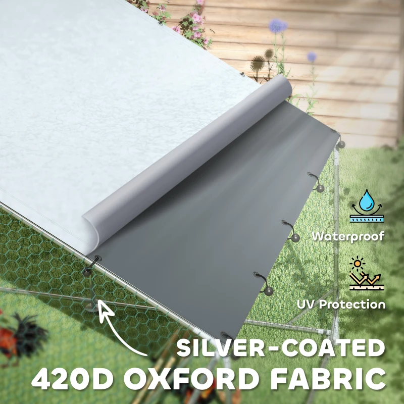 PawHut Large Metal Chicken Run with Waterproof & UV-Resistant Cover, Feeding Door, Hanging Feeder, Perch for 18-24 Chickens