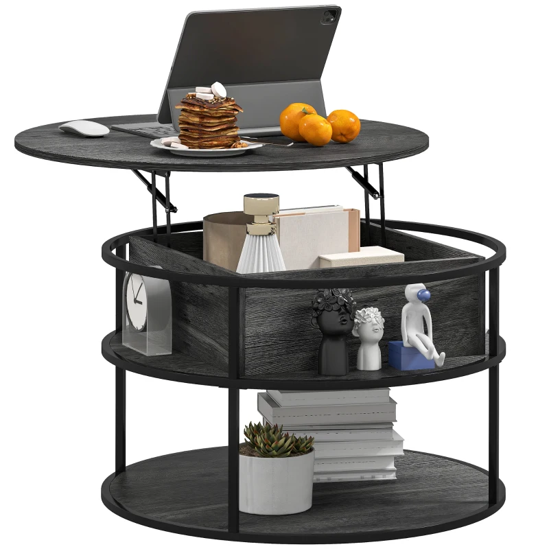 HOMCOM Lift Top Coffee Table, Round Coffee Table with Storage Shelf, Hidden Compartment and Steel Frame, Distressed Dark Grey