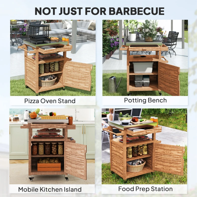 Outsunny Outdoor Grill Cart with Stainless Steel Top, Solid Wood Outdoor Kitchen Island with Wheels, Drawer, Side Handle, Brown