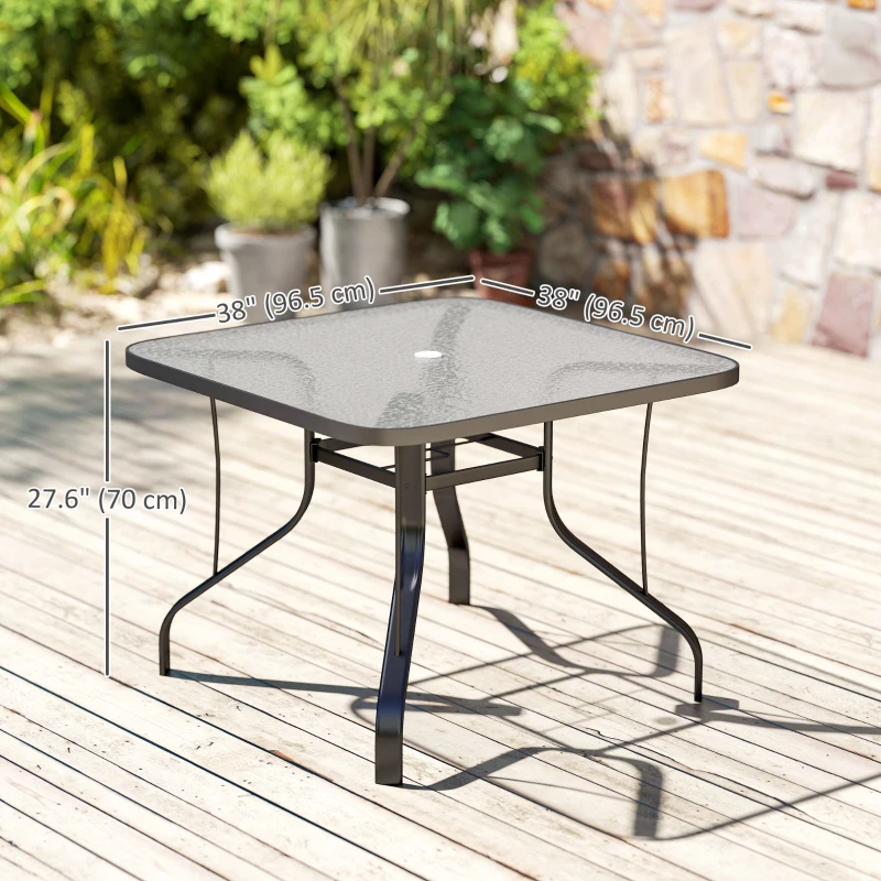 Outsunny Tempered Glass Square Patio Dining Table w/ 2.1" Umbrella Hole for Garden, Balcony, Backyard, 38" x 38" x 28"