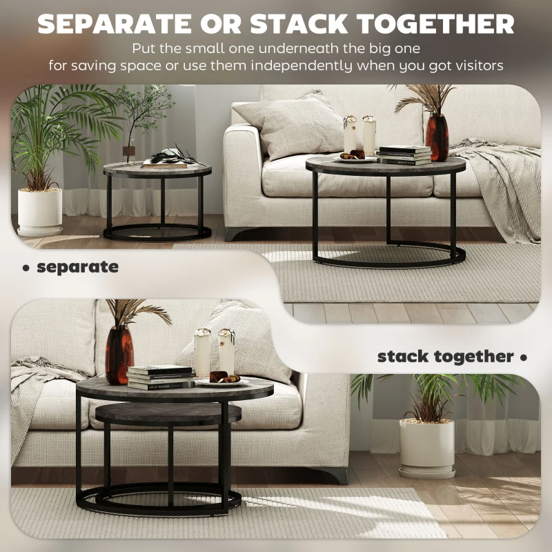 HOMCOM Modern Coffee Table Set of 2, Nesting Side Tables w/ Metal Base for Living Room Bedroom Office Faux Marbled Grey