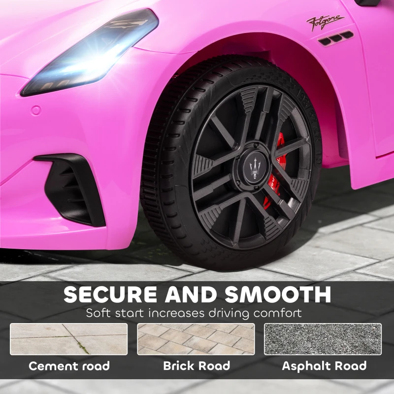 Qaba Maserati Gran Turismo Licensed 12V Kids Electric Car w/ Remote Control, Soft Start, LED Lights, Music, Horn, Pink