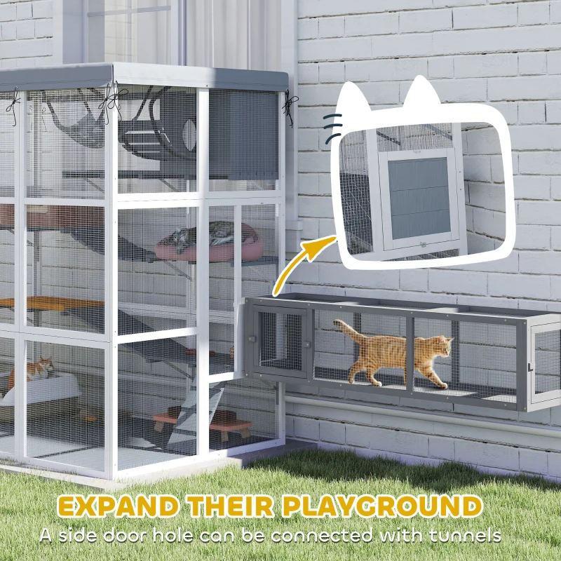PawHut Large Outdoor Catio Cat Enclosure with Hammock, Condo, Jump Platforms, Ladders, Ramps, Tarp, for 2-4 Large Cats, Gray