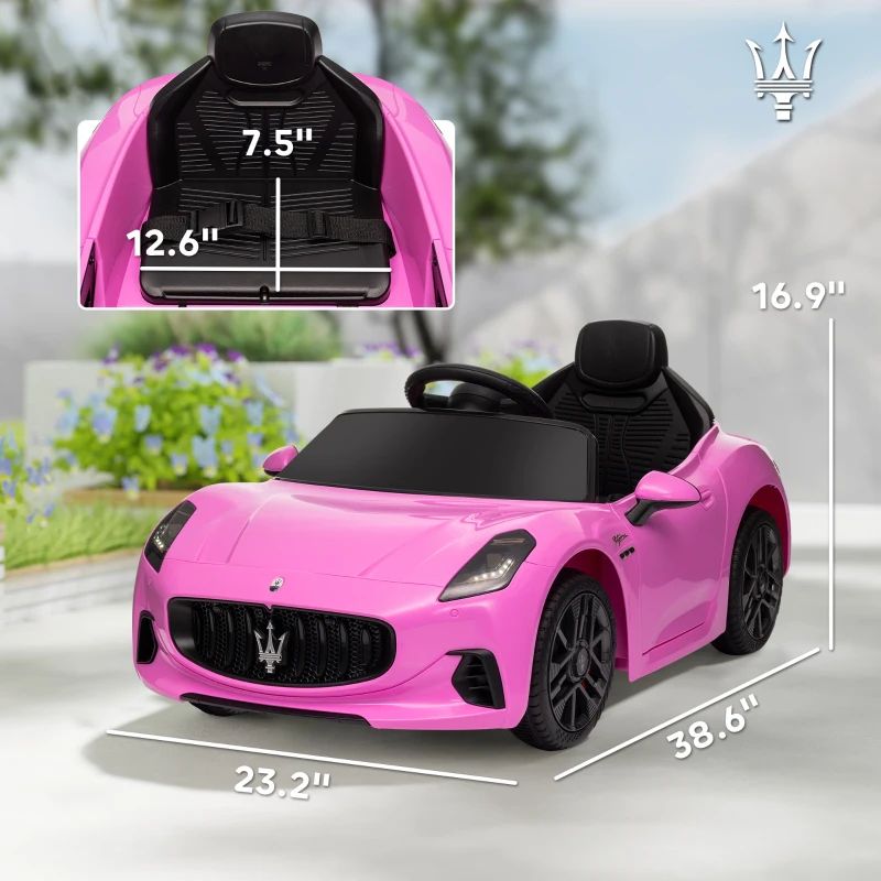 Qaba Maserati Gran Turismo Licensed 12V Kids Electric Car w/ Remote Control, Soft Start, LED Lights, Music, Horn, Pink