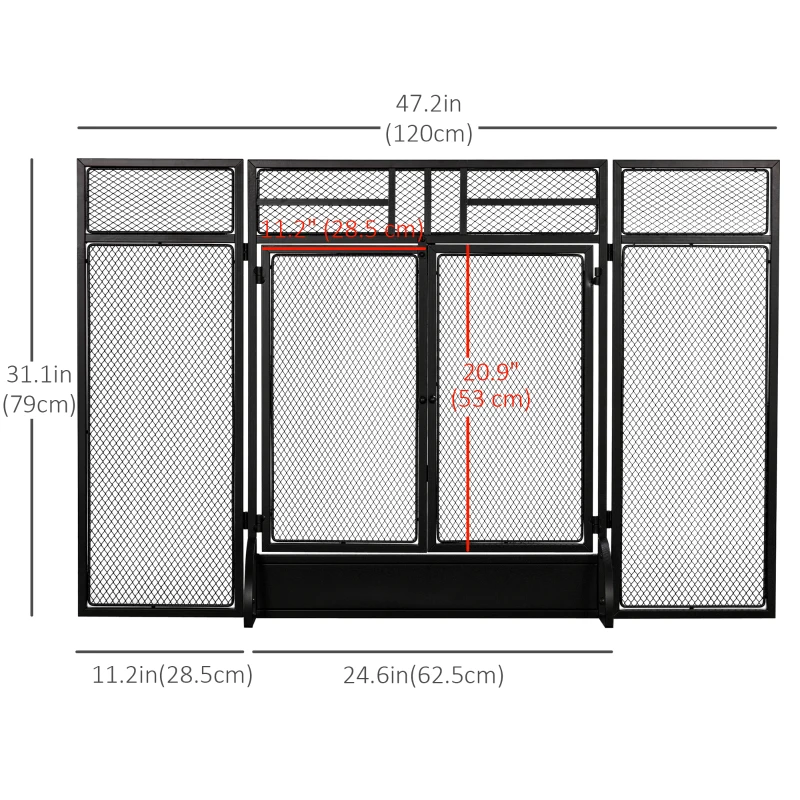 HOMCOM 3-Panel Steel Mesh Fireplace Screen, Decorative Fire Spark Guard Cover with Double Doors, 47x31in, Black