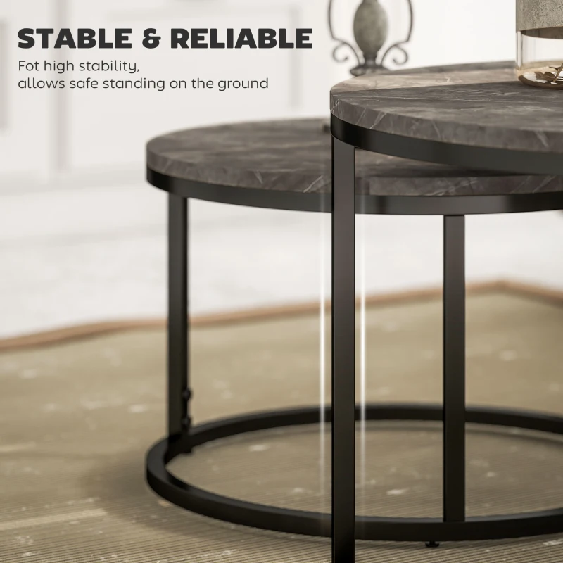 HOMCOM Modern Coffee Table Set of 2, Nesting Side Tables w/ Metal Base for Living Room Bedroom Office Faux Marbled Grey