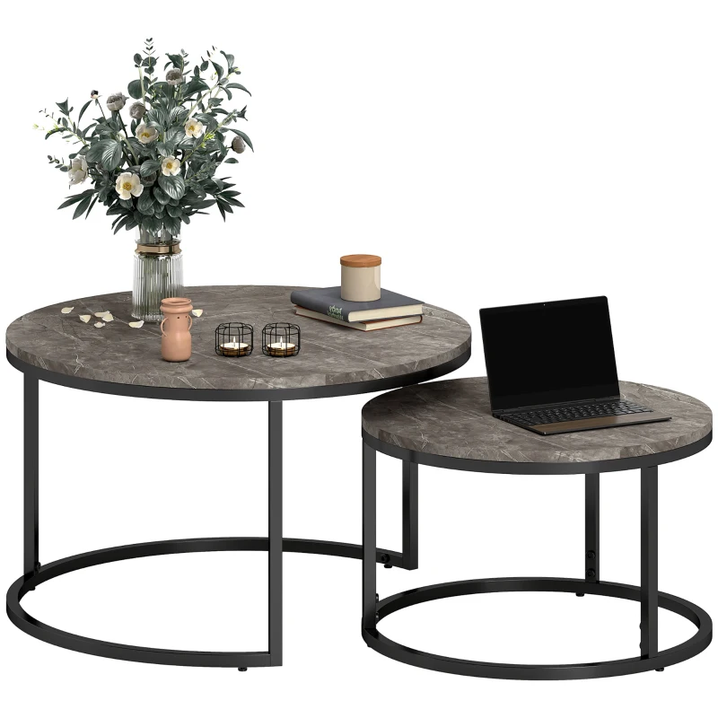 HOMCOM Modern Coffee Table Set of 2, Nesting Side Tables w/ Metal Base for Living Room Bedroom Office Faux Marbled Grey