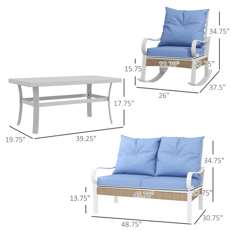 Outsunny 4-Piece Patio Furniture Set with Rocking Chairs & Loveseat, Coffee Table, Cushions for Backyard, Lawn and Pool, Blue