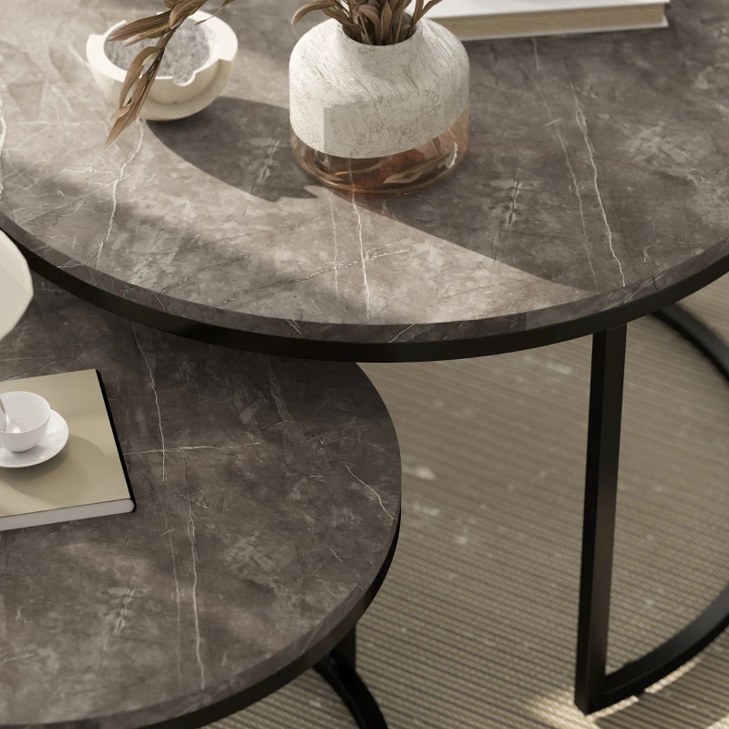 HOMCOM Modern Coffee Table Set of 2, Nesting Side Tables w/ Metal Base for Living Room Bedroom Office Faux Marbled Grey