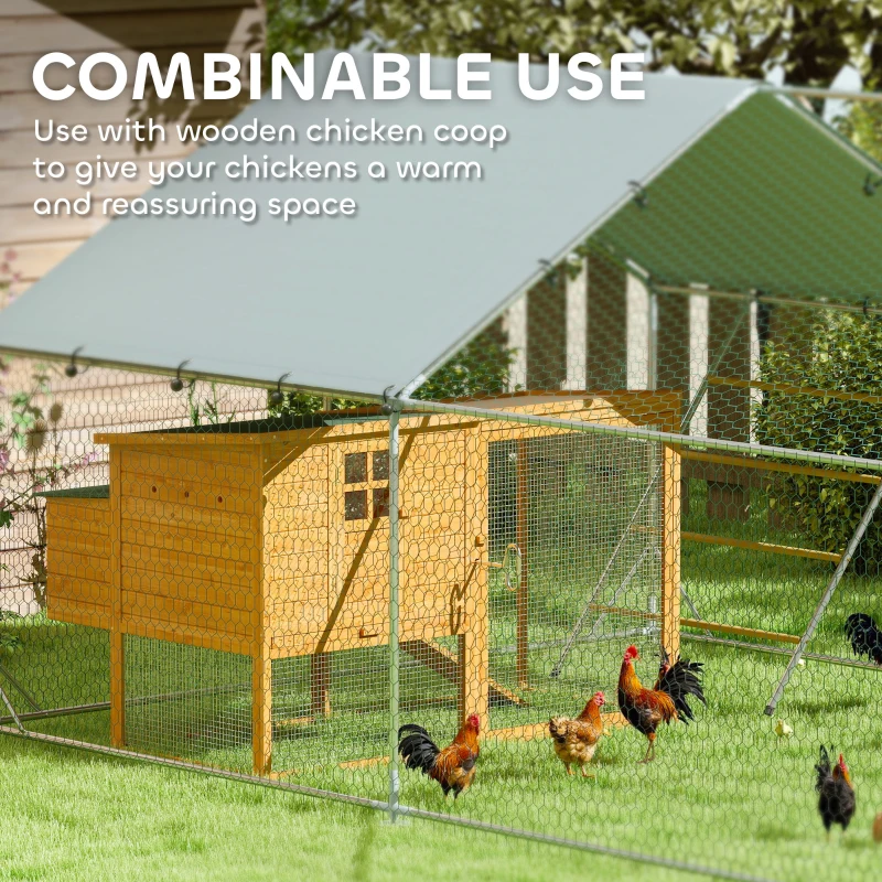 PawHut Large Metal Chicken Run with Waterproof & UV-Resistant Cover, Feeding Door, Hanging Feeder, Perch for 12-18 Chickens