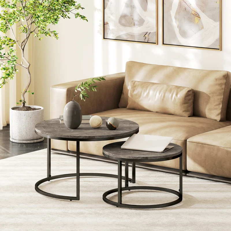 HOMCOM Modern Coffee Table Set of 2, Nesting Side Tables w/ Metal Base for Living Room Bedroom Office Faux Marbled Grey